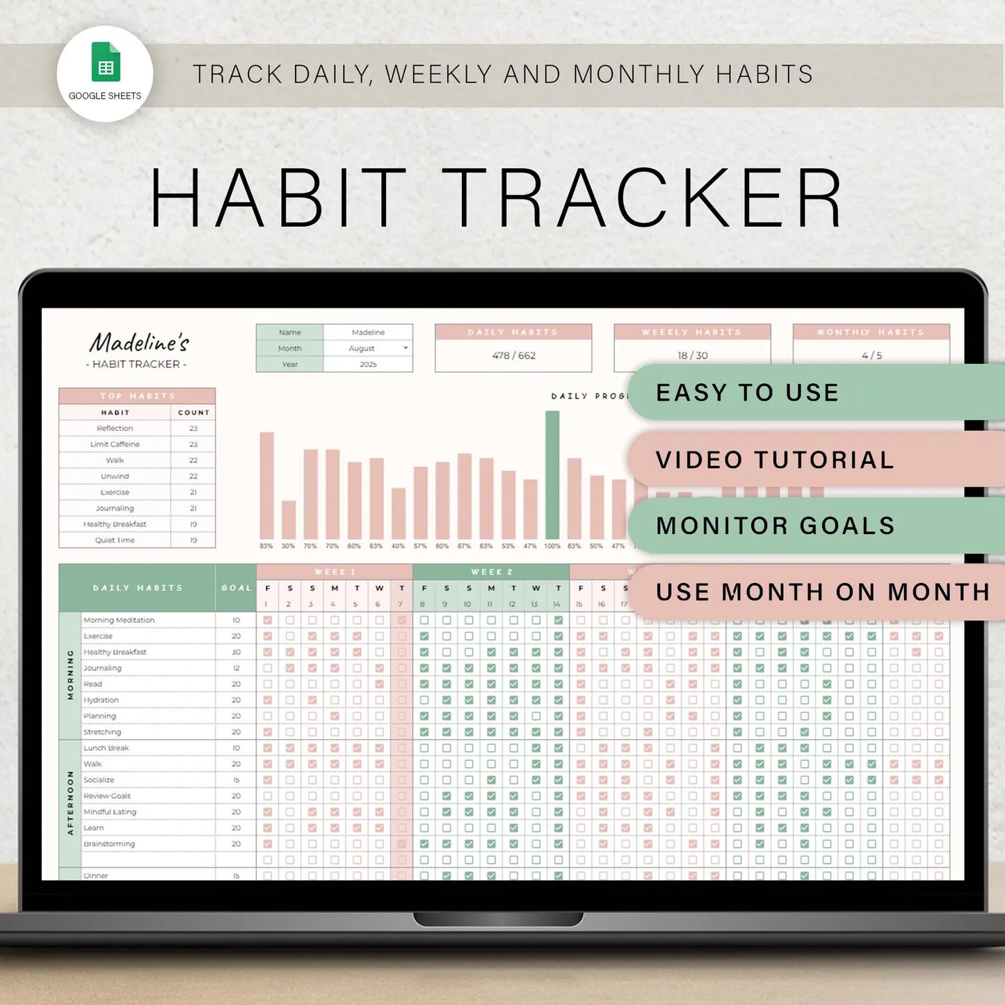Daily Routine & Goal Planner for Google Sheets and Excel, ADHD Planner